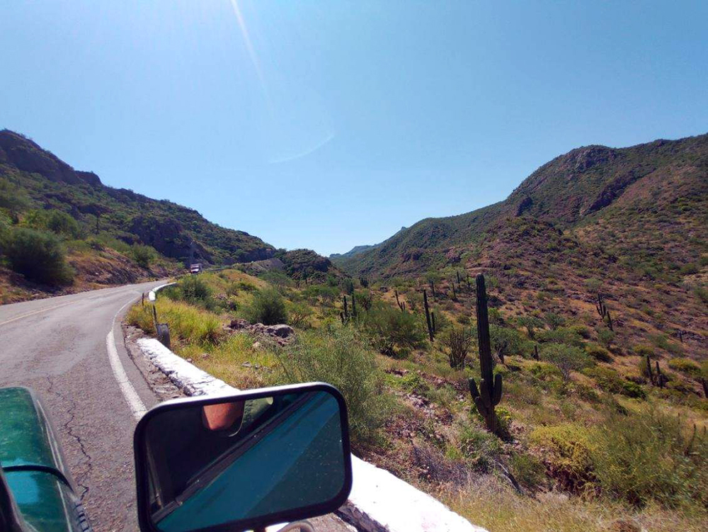 blue skies above the side mirror