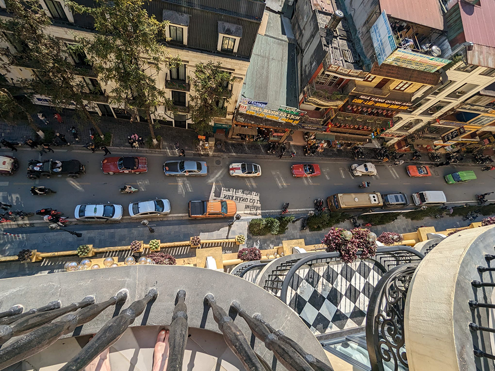 high above the street